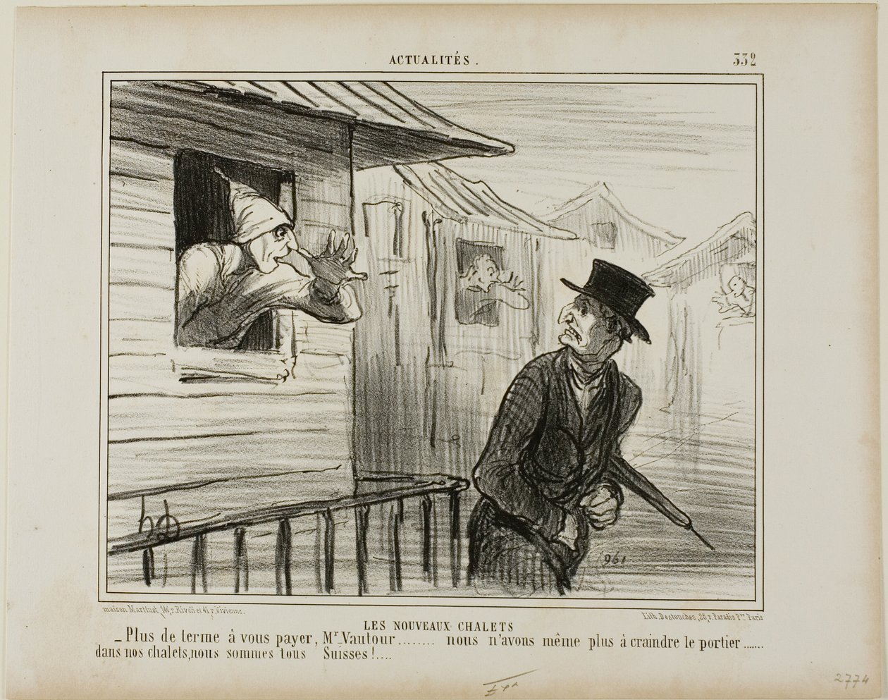 De nya blockhusen. "- Ingen mer hyra att betala, Monsieur Vautour ... och vi är inte längre rädda för vaktmästaren..... i våra stugor är vi alla schweizare," plansch 332 från Actualités av Honoré Victorin Daumier