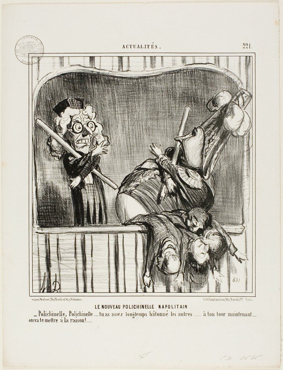 Den nya napolitanska pajasen. "- Polichinelle, Polichinelle, du har tjatat på de andra länge nog... nu är det din tur. Vi ska få dig att ta reson...", plansch 221 från Actualités av Honoré Victorin Daumier