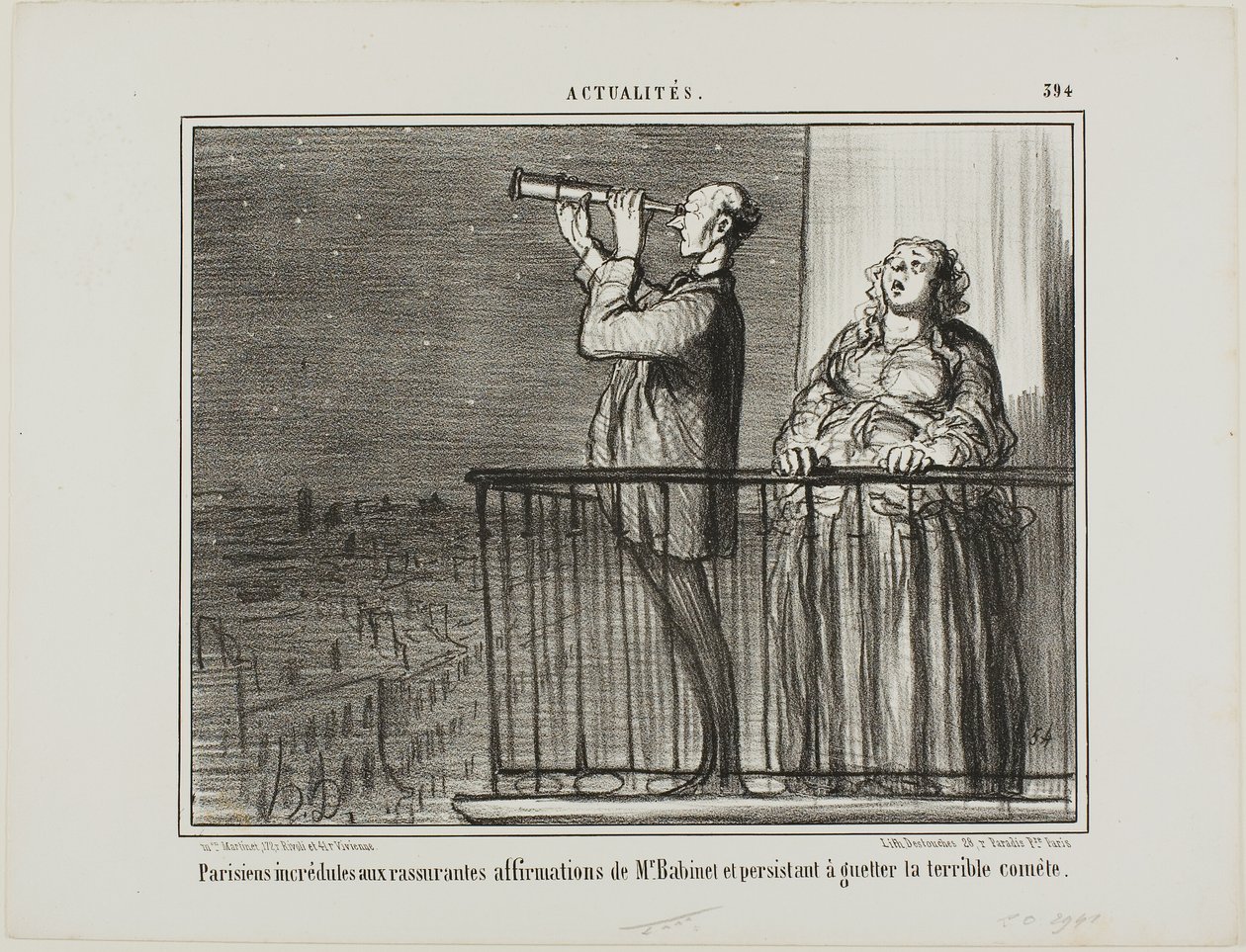 Parisborna litar inte riktigt på Monsieur Babinets försäkringar och insisterar på att ligga i väntan på kometen, plansch 394 från Actualités av Honoré Victorin Daumier