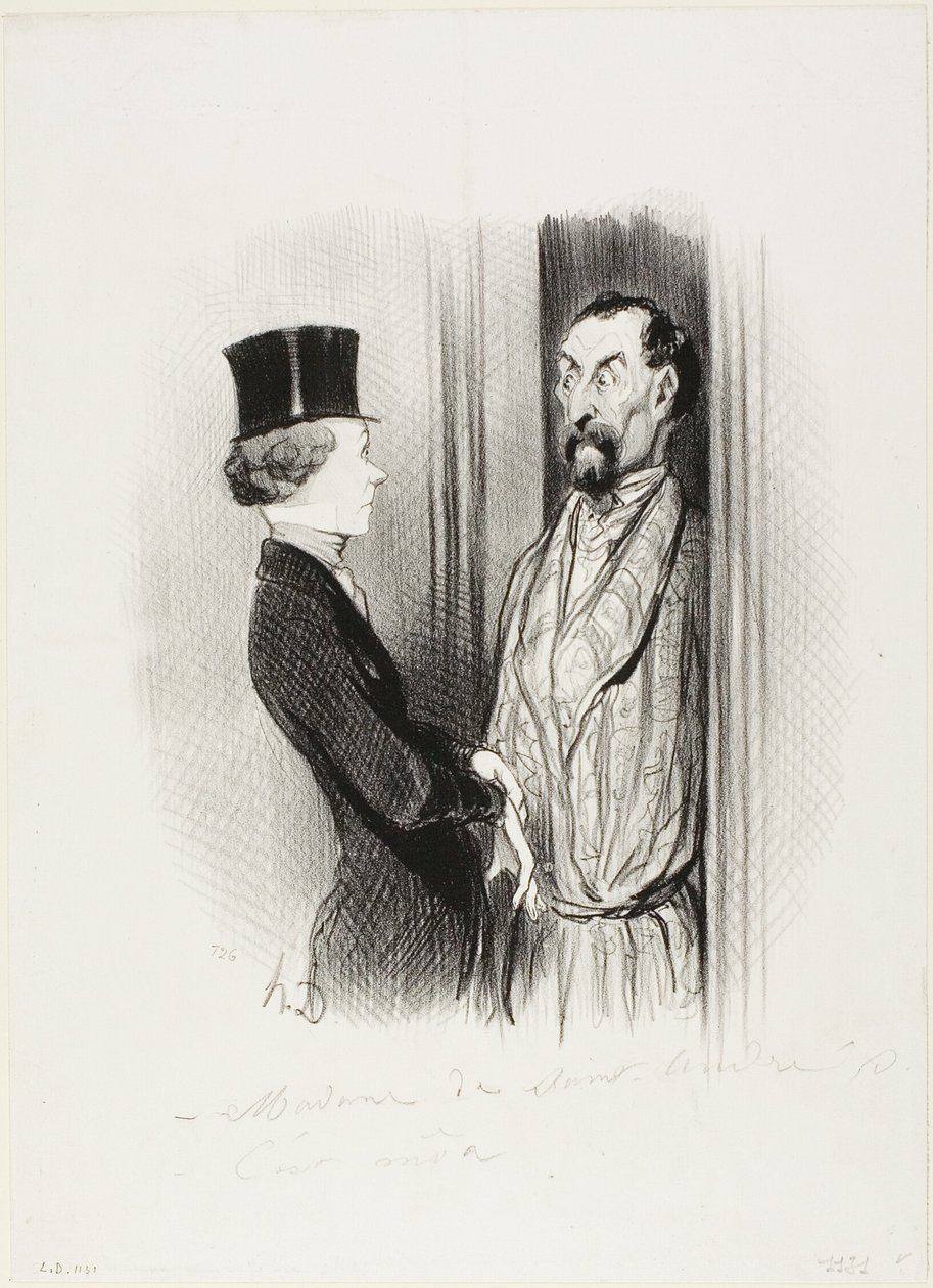 Rendez-Vous. "- Madame Eudoxie Blancminet - Det är jag, Monsieur... vad kan jag göra för dig", plansch 44 från Les Beaux Jours De La Vie av Honoré Victorin Daumier