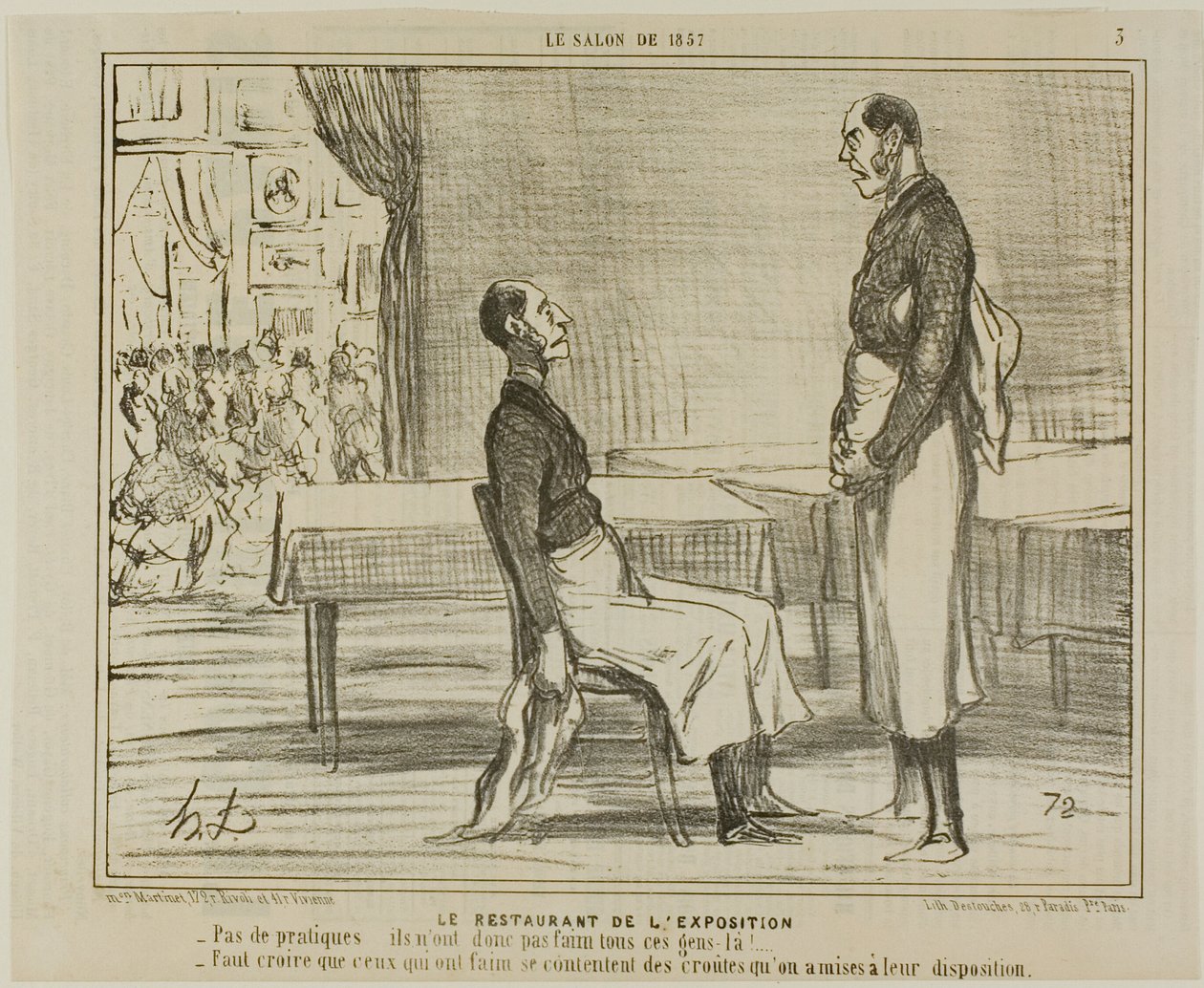 Restaurangen på utställningen. "- Inga kunder alls ... är inte dessa människor hungriga - Jag antar att de hungriga äter de snacks som de erbjöds", plansch 3 från Le Salon De 1857 av Honoré Victorin Daumier