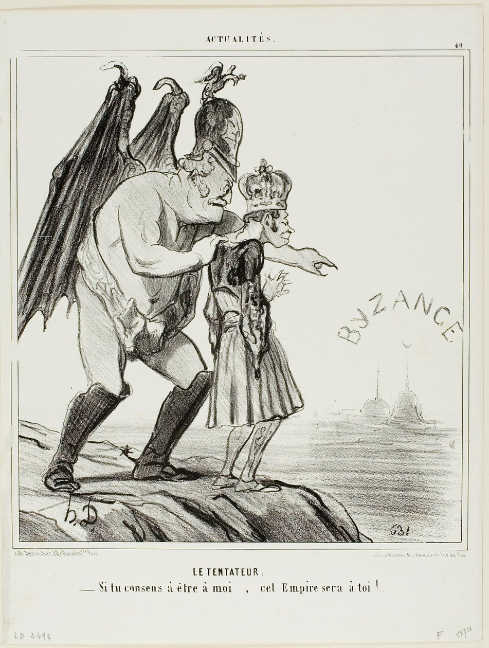 Frestaren. "- Om du samtycker till att tillhöra mig ... kommer detta imperium att bli ditt", plansch 40 från Actualités av Honoré Victorin Daumier