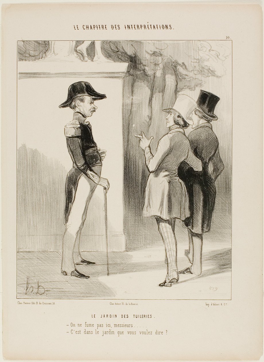 Tuilerieträdgården. "- Ingen rökning här, sir! - Du menar i trädgården", plansch 10 från Le Chapitre Des Interprétations av Honoré Victorin Daumier