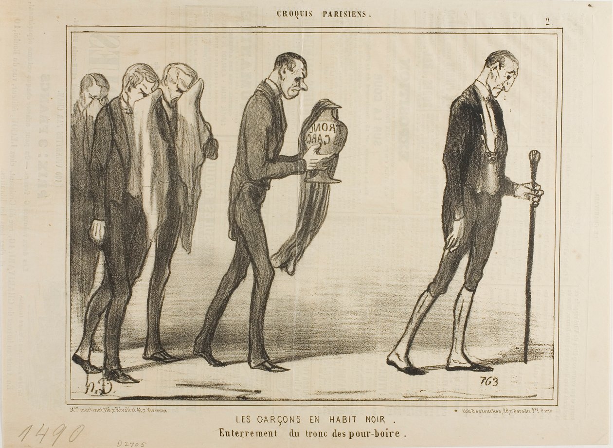 Servitören i svart kostym. Tipsboxens begravning, plansch 2 från Croquis Parisiens av Honoré Victorin Daumier