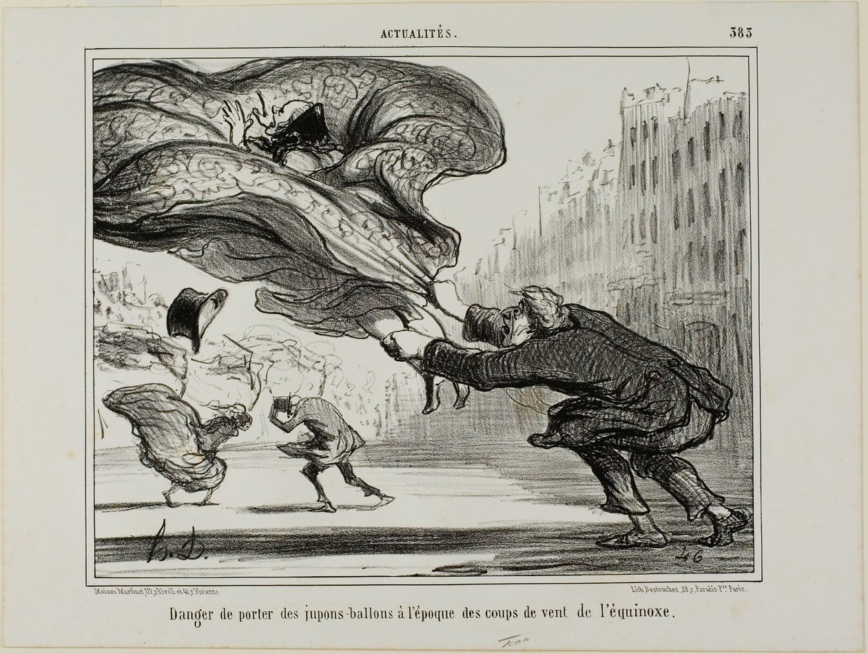 Faran med att bära ringkjol under en plötslig vårstorm, plansch 26 från La Crinolomanie av Honoré Victorin Daumier