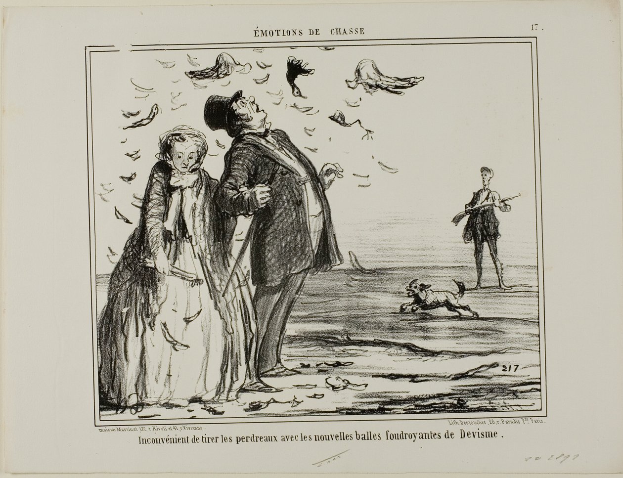 Nackdelen med att skjuta på unga rapphöns med de nya explosiva kulorna från Devisme, plansch 17 från Émotions De Chasse av Honoré Victorin Daumier