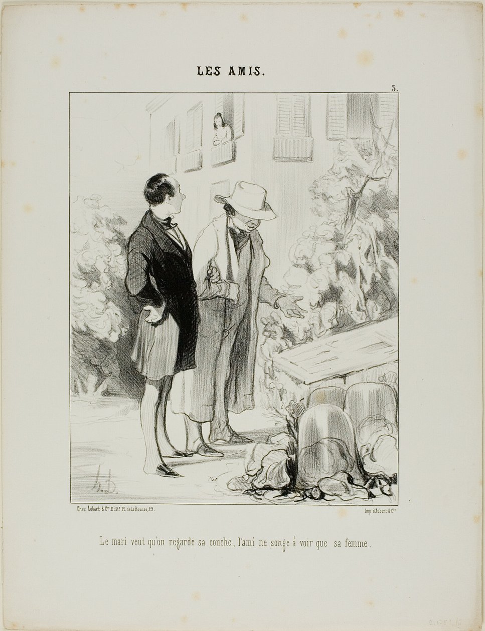 Mannen vill att han ska titta på hans heta säng, vännen drömmer bara om att se sin fru, plansch 3 från Les Amisa av Honoré Victorin Daumier