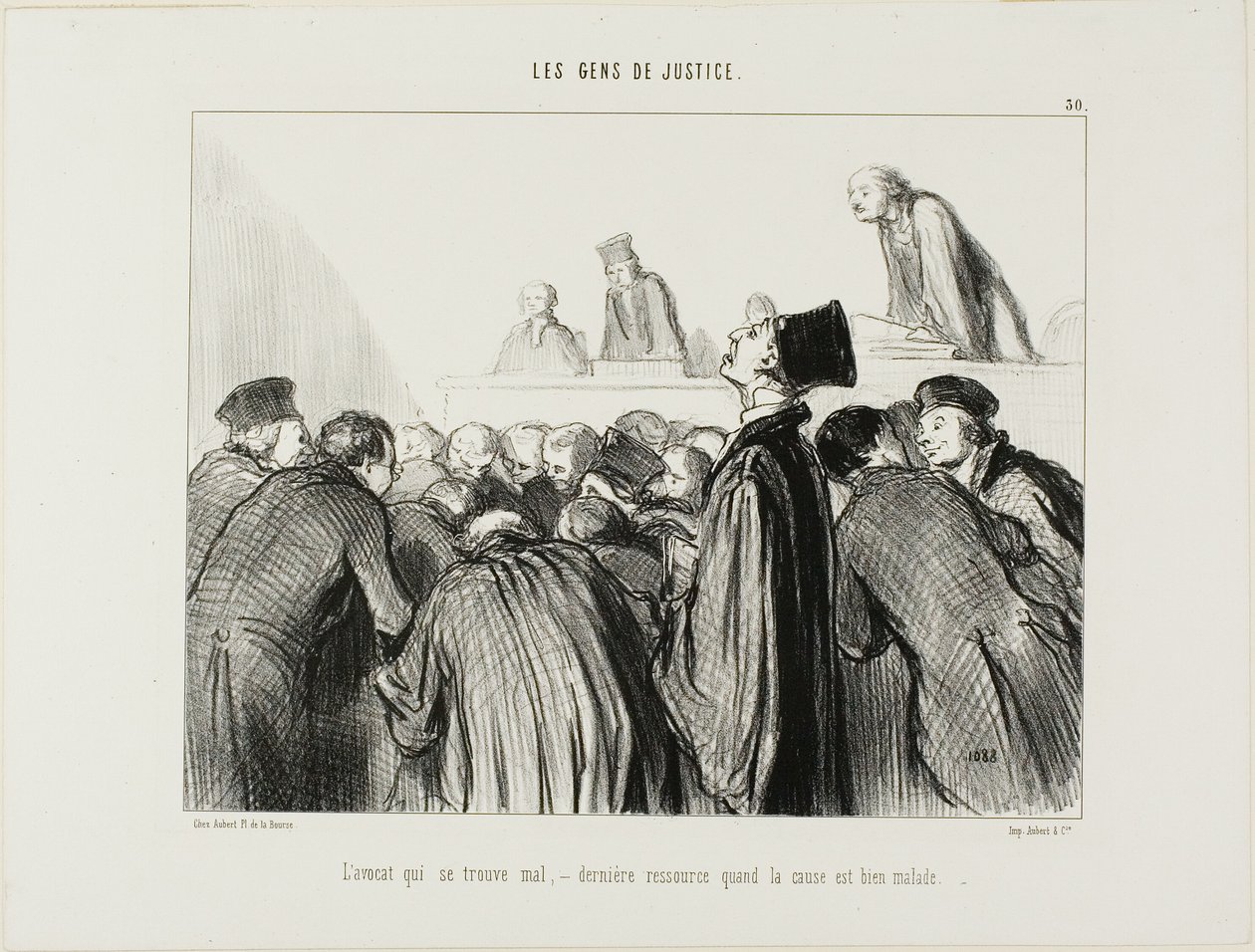 Advokaten blir sjuk, en sista utväg när hans fall också börjar se sjukt ut, plansch 30 från Les Gens De Justice av Honoré Victorin Daumier