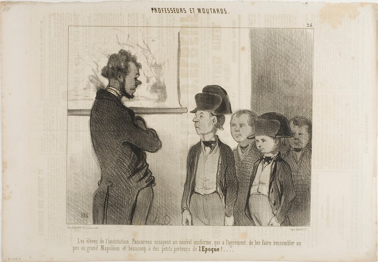 Eleverna på institutet Pascareau provar sin nya skoluniform som får dem att se ut lite som den store Napoleon och mycket som små tidningspojkar, plansch 25 från Professeurs Et Moutards av Honoré Victorin Daumier