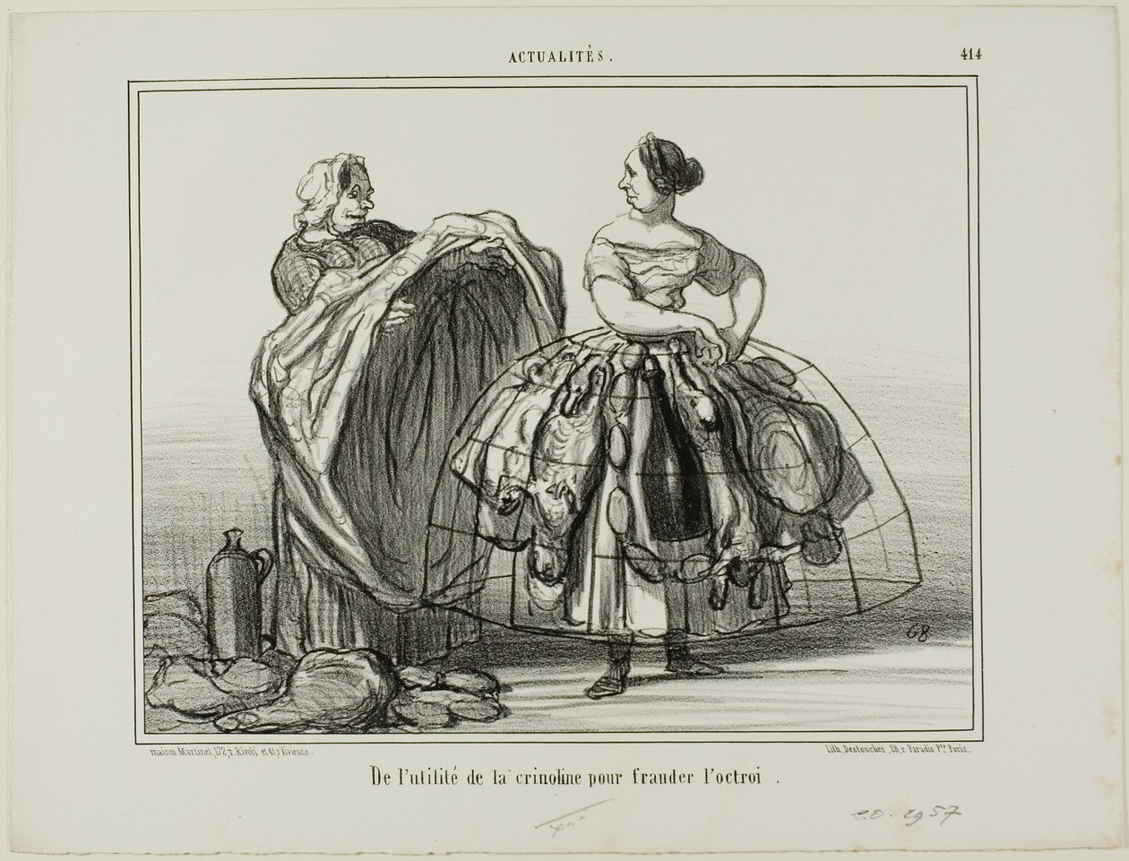Krinolinens användbarhet när man lurar tullen, plansch 414 från Actualités av Honoré Victorin Daumier