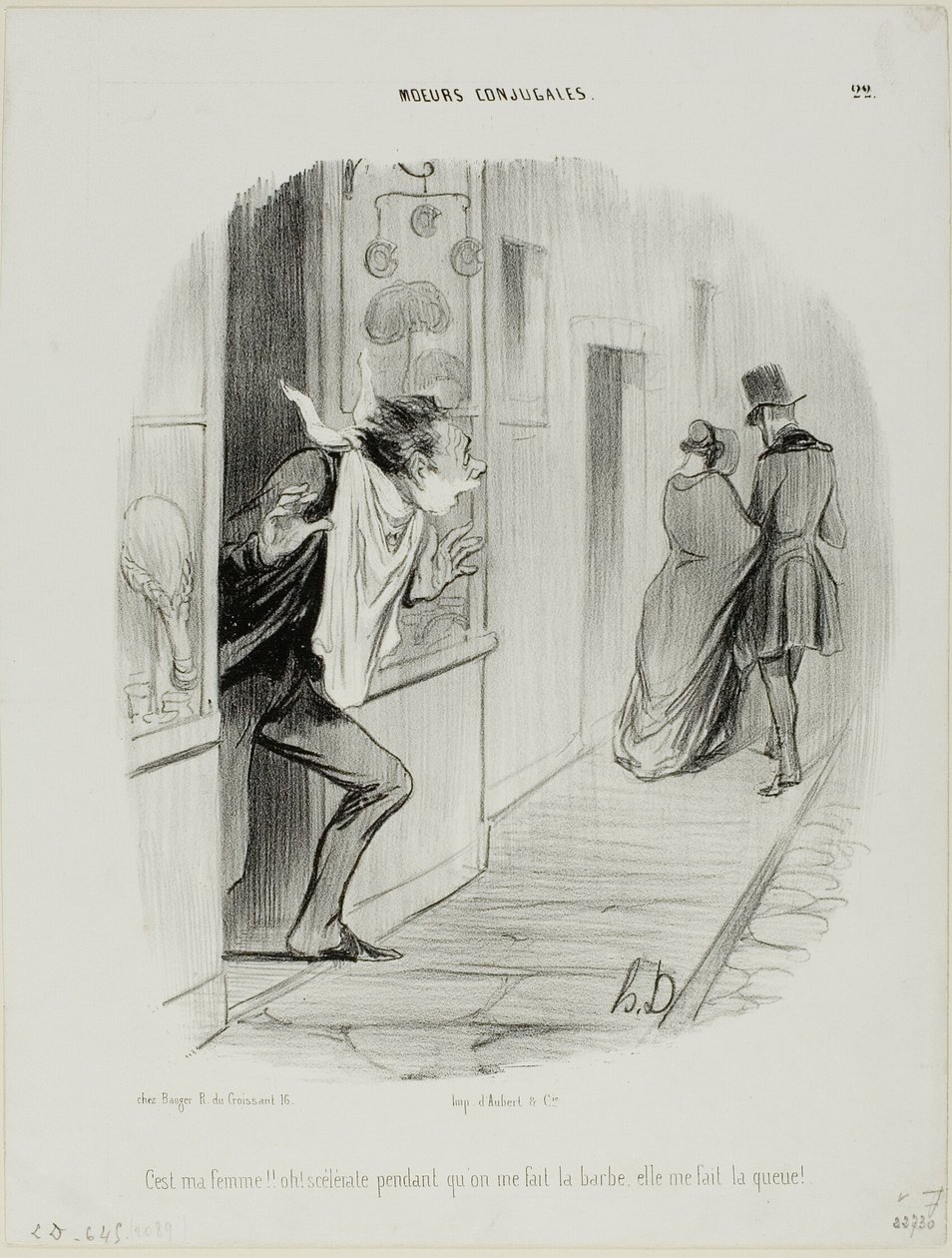 "Där går min fru!!! Åh, den eländiga, medan jag rakar mig gör hon mig till hanrej!", platta 22 från Moeurs Conjugales av Honoré Victorin Daumier