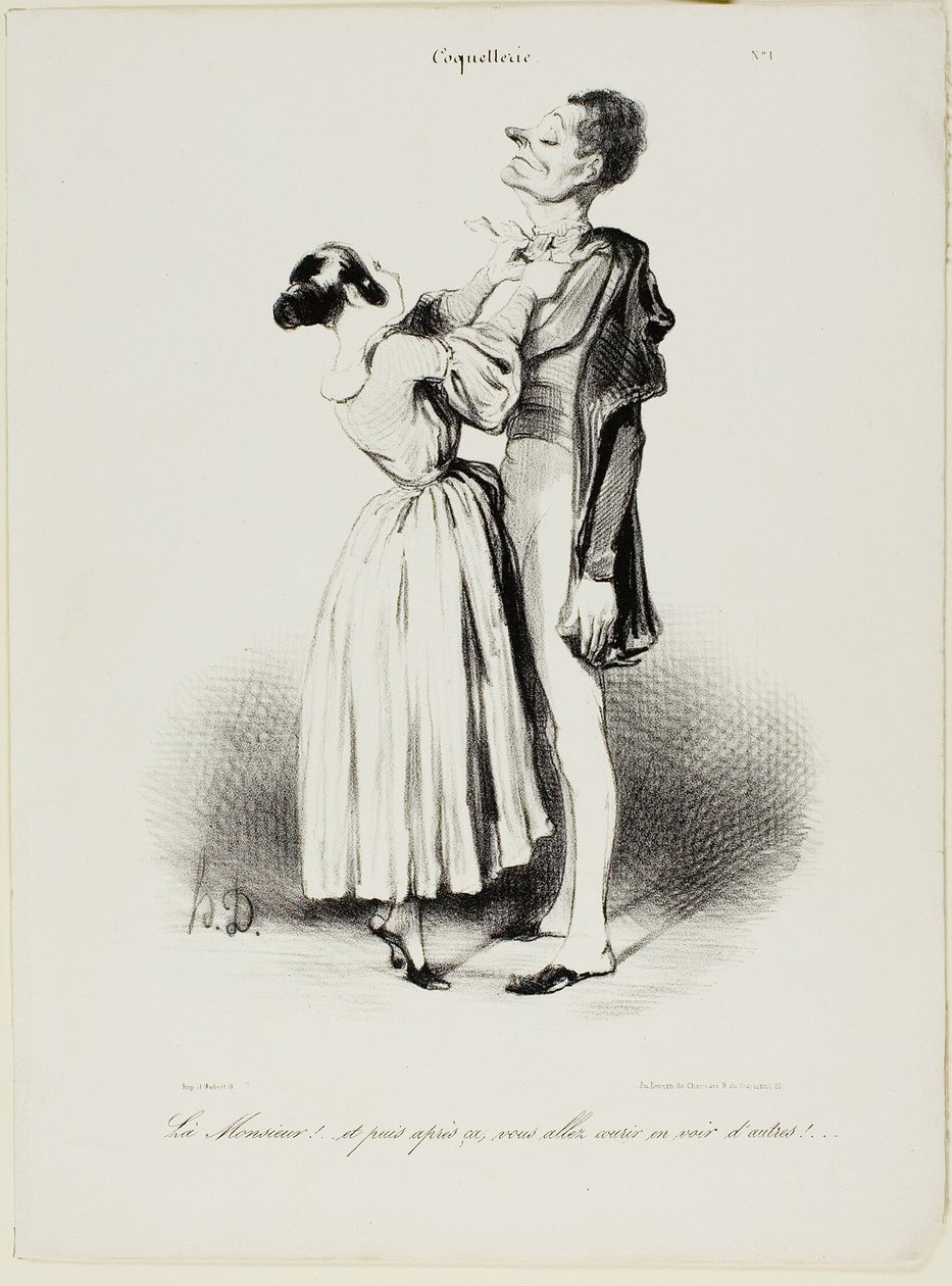 "Där är du, min kära.... och nu slår jag vad om att du kommer att gå efter andra tjejer....," platta 1 från Coquetterie av Honoré Victorin Daumier