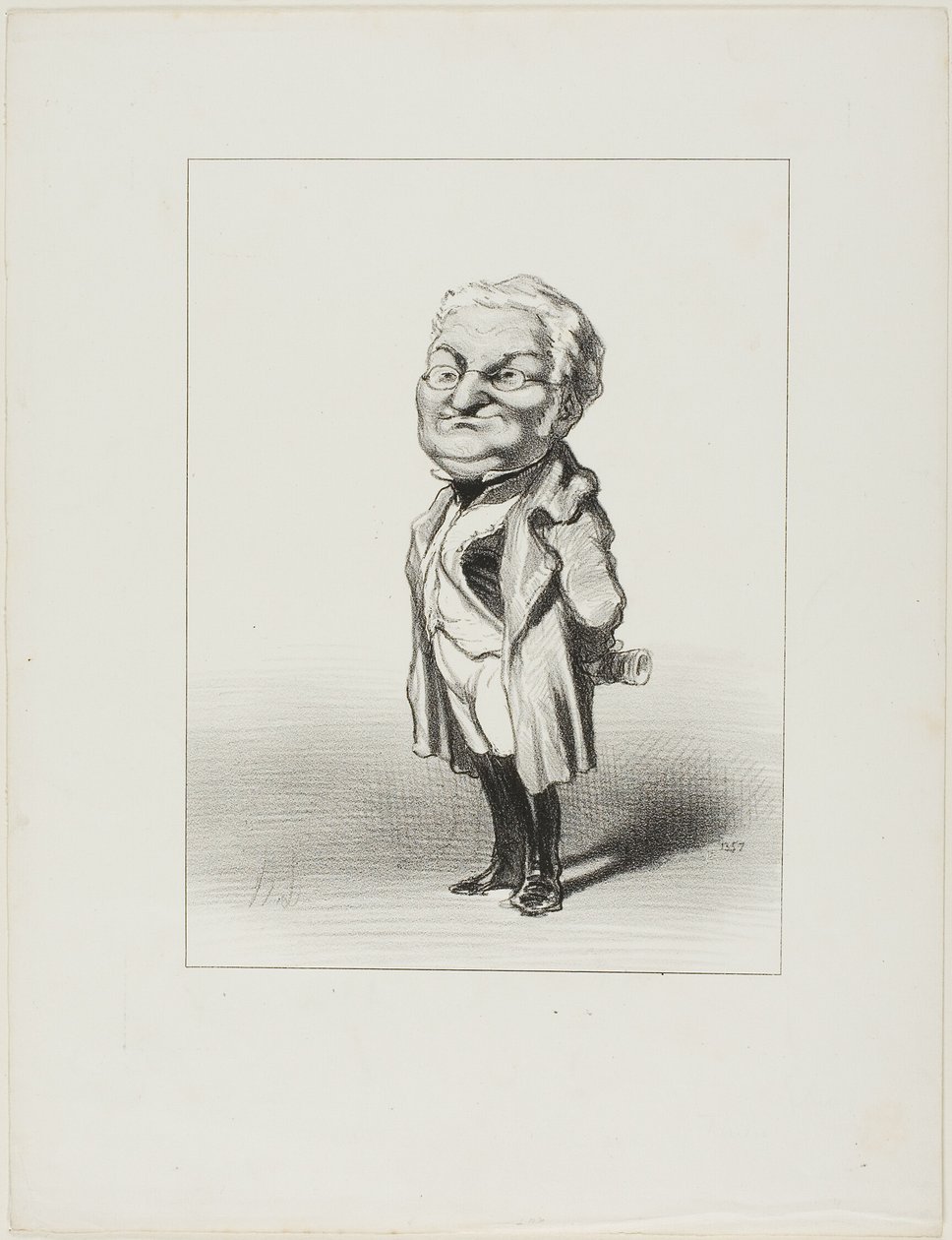 Thiers. Medborgare Thiers provar den nya svansrock som Babin just har skickat honom, plansch 4 från Les Représentans Représentés av Honoré Victorin Daumier