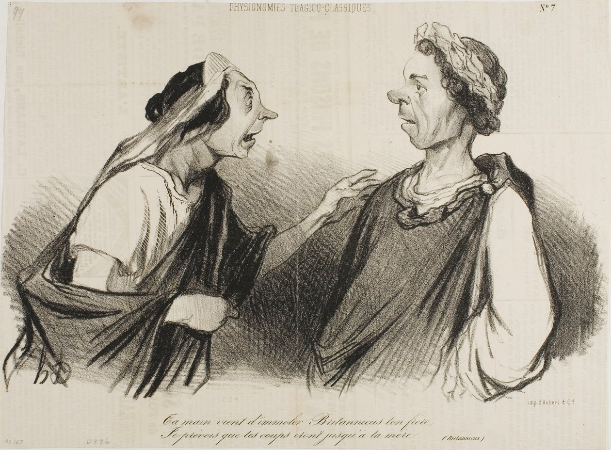 "Din hand kommer för att döda Britannicus, din bror. Jag förutser att dina slag snart kommer att träffa din mor", plansch 7 från Physionomies Tragico-Classiques av Honoré Victorin Daumier