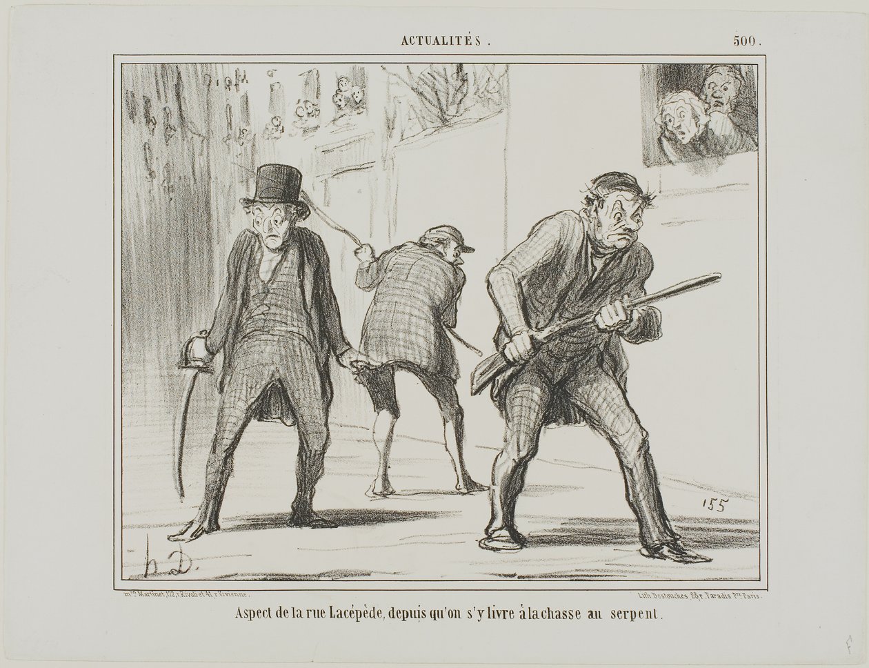 Vy över rue Lacépède under jakten på en orm, plansch 500 från Actualités av Honoré Victorin Daumier