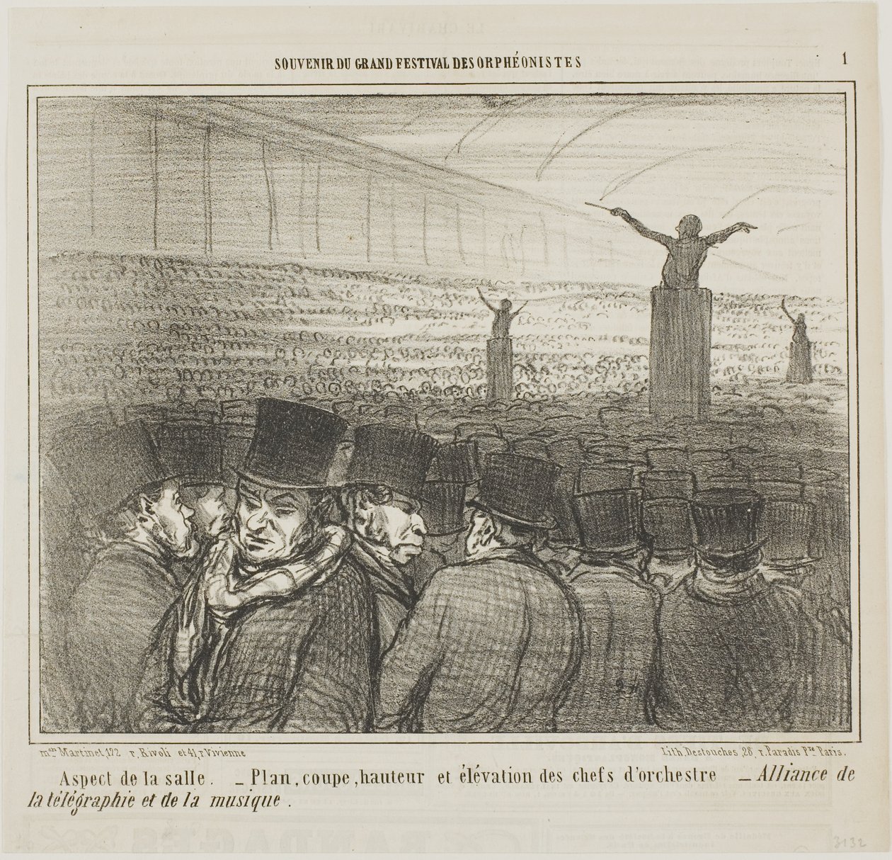 Vy över stora salen, plansch 1 från Souvenirdu Grand Festival des Orphéonistes av Honoré Victorin Daumier