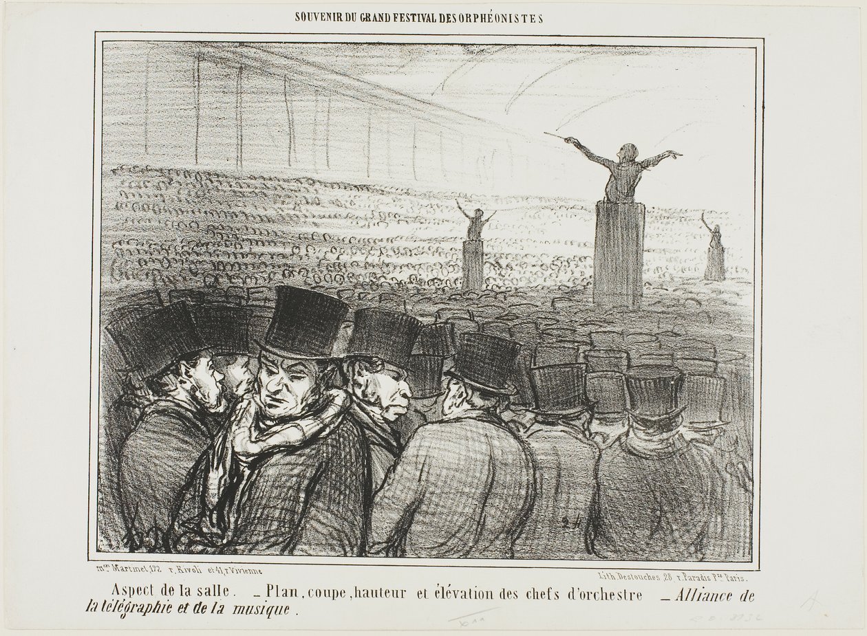 Vy över den stora salen. Karta, höjd och vy framifrån av dirigenten. Den stora alliansen mellan telegraf och musik, plansch 1 från Souvenir Du Grand Festival Des Orphéonistes av Honoré Victorin Daumier