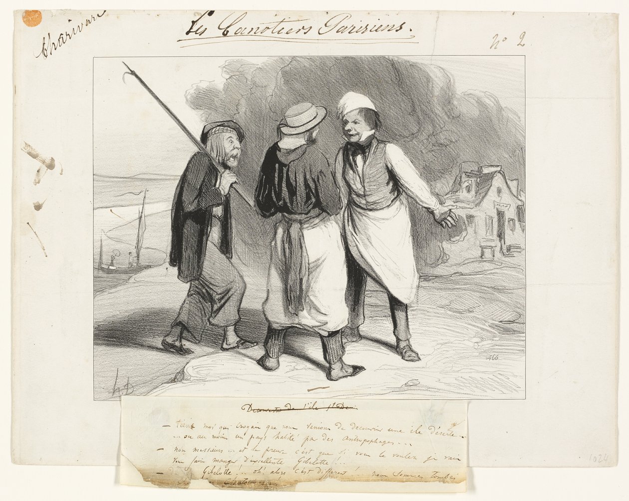Tänka sig! Jag trodde att vi just hade upptäckt en öde ö eller åtminstone ett land bebott av kannibaler., plansch två från Les Canotiers Parisiens av Honoré Victorin Daumier