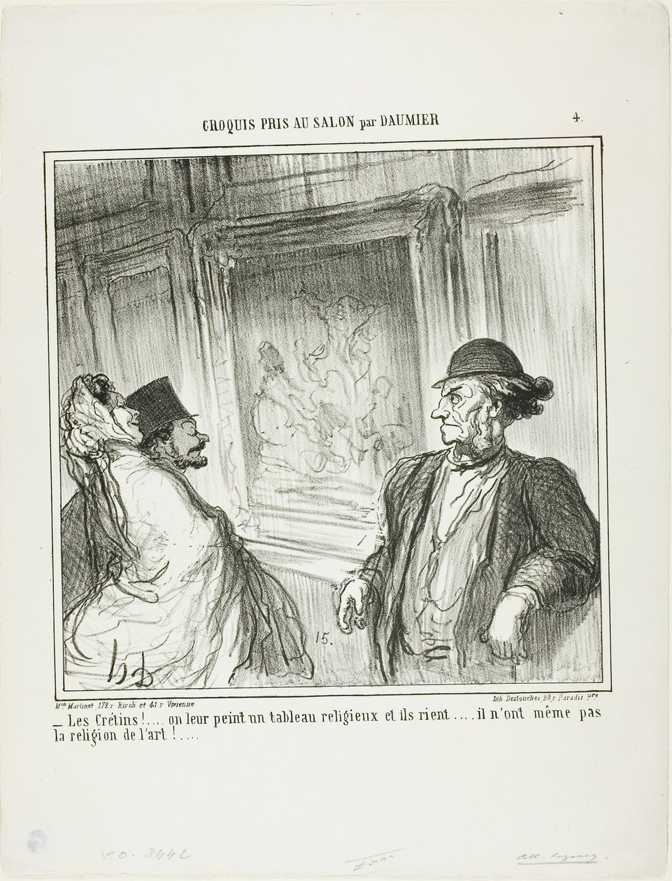 "Vilka idioter! Du målar en religiös bild för dem och de skrattar.... de har inte ens en hängivenhet för konst!...", plansch 4 från Croquis Pris Au Salon par Daumier av Honoré Victorin Daumier