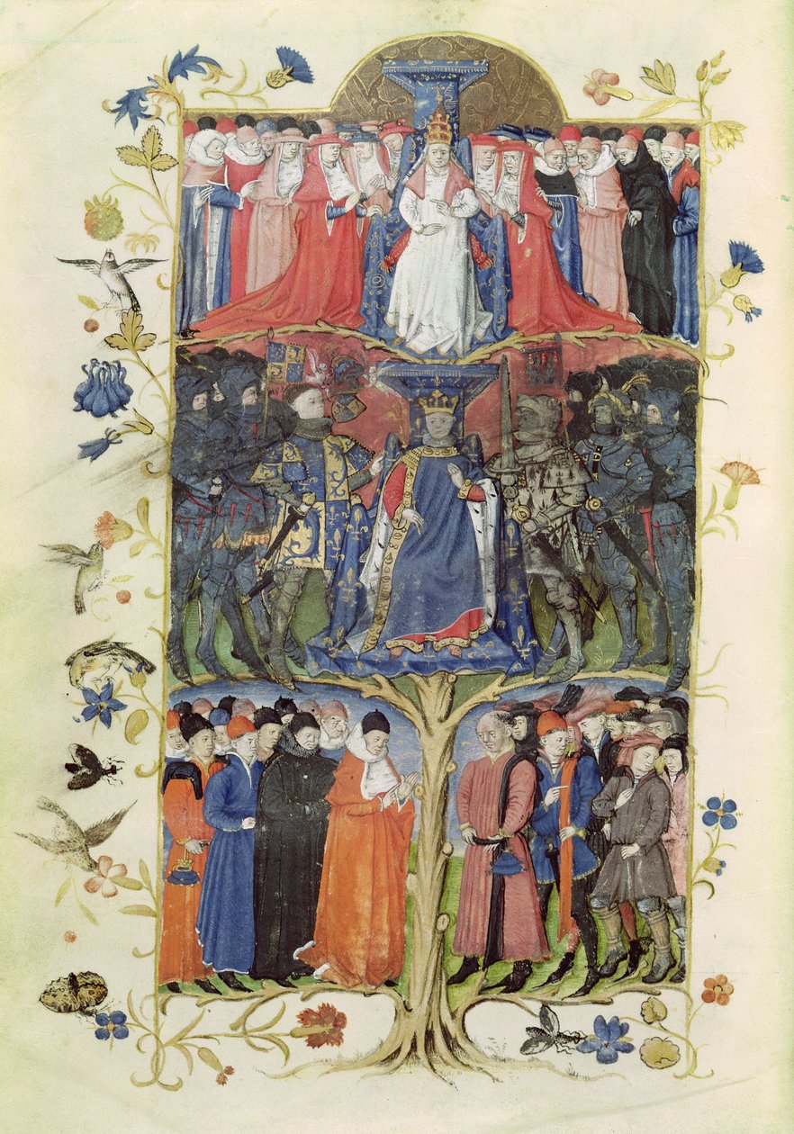 Ms 2695 f.6v Stridens träd: Kung Karl VII (1403-61) mellan Dauphin, framtida Ludvig XI (1423-83) till höger och till vänster, Arthur, greve av Richmond, konstapel av Frankrike (1425- 58) och D av Honore Bonnet