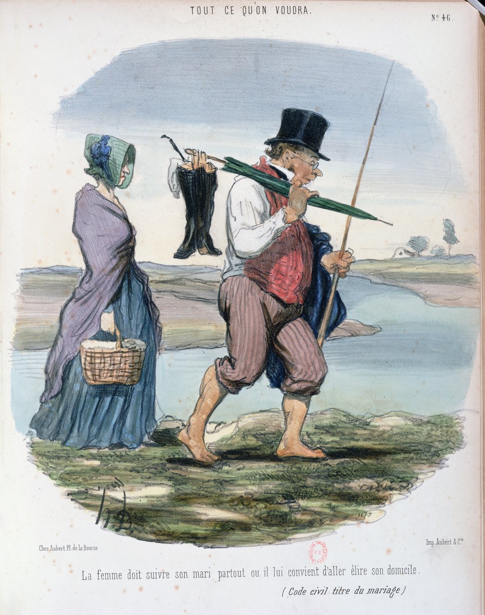 Karikatyr som förlöjligar kapitel VI i den franska civilrättslagen (Code Civil) om makars rättigheter och skyldigheter, som utfärdades av Napoleon 1804, ca 1840-50. av Honoré Daumier