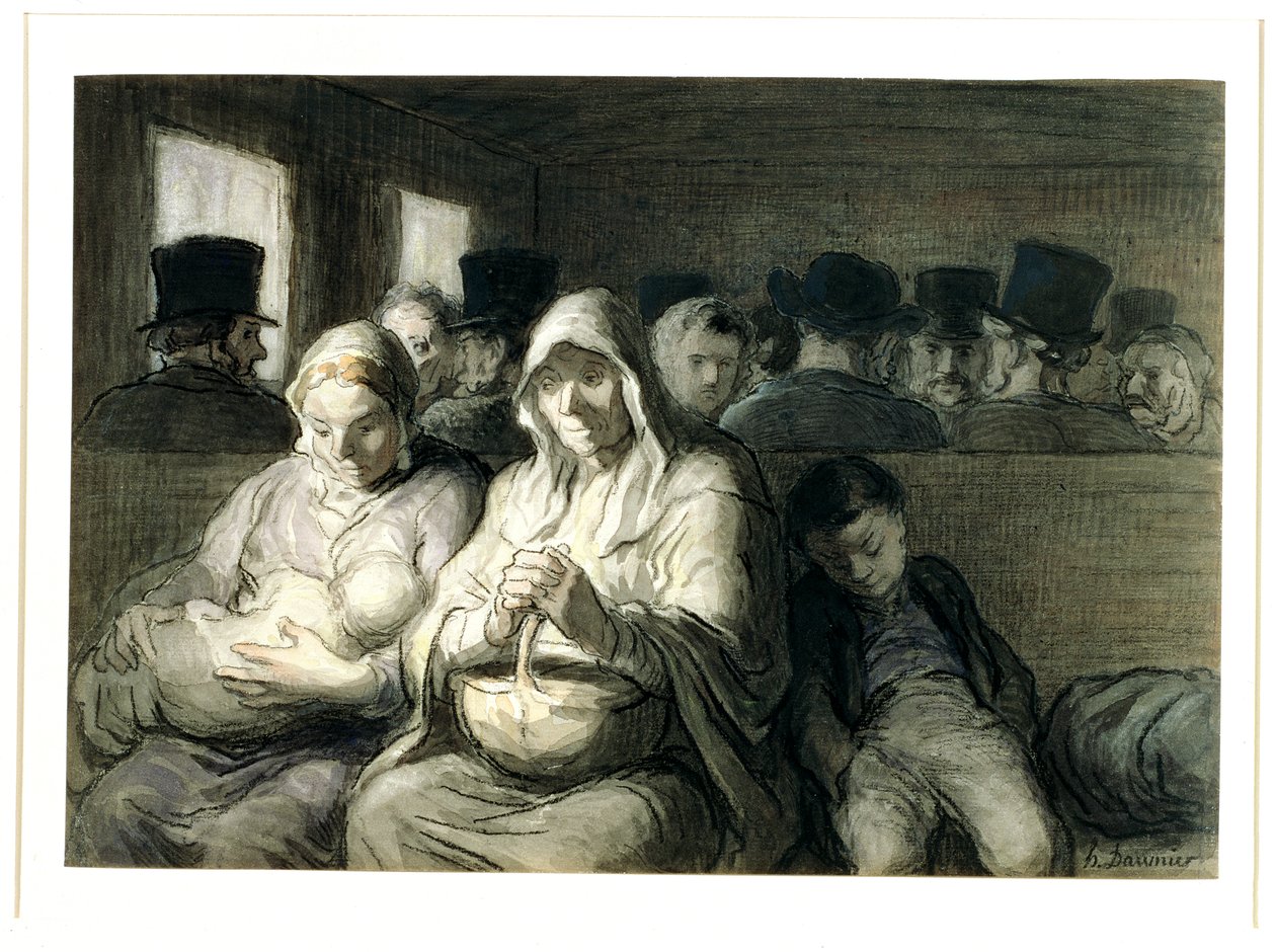 The Third Class Carriage, 1864 (wc bläcktvätt och kol på papper) av Honoré Daumier