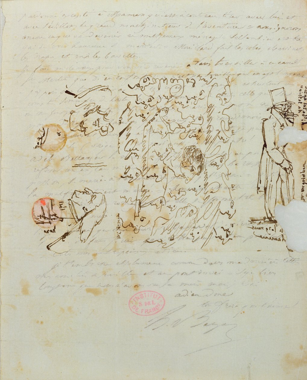 Brev med teckning skickat till Balzacs syster Laure, 1821 (penna och bläck på papper) av Honore de Balzac