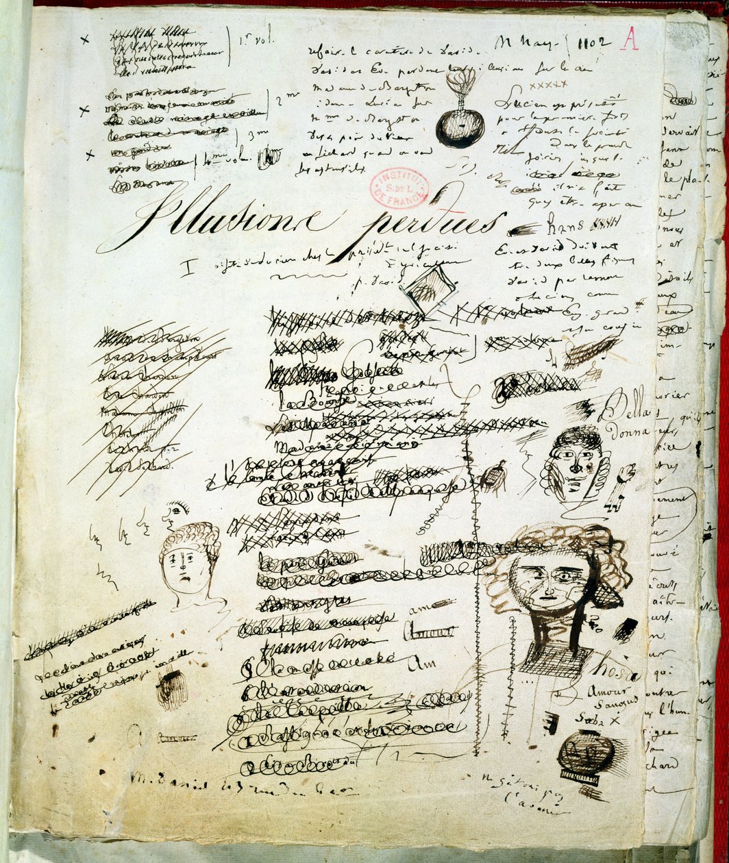 Titelbladet till "Les Illusions Perdues" med anteckningar av författaren, ca 1830-40 av Honore de Balzac
