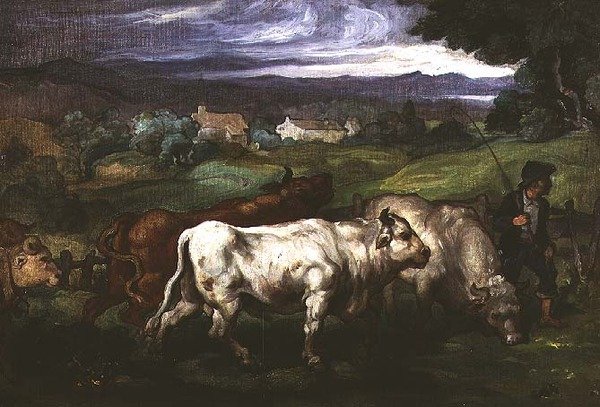 Nötkreatur och en förare i ett landskap av Honore (circle of) Daumier