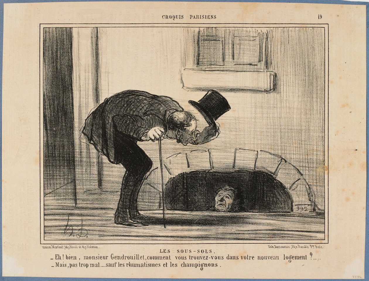 ”Nå, herr Gendrouillet, hur trivs ni i er nya bostad?” - ”Inte så illa, bortsett från reumatismen och svamparna” av Honoré Daumier