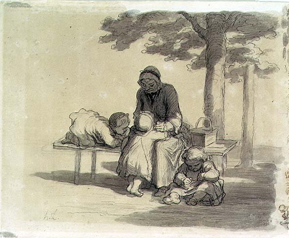 En mormor (grå tvätt och penna och bläck på papper) av Honoré Daumier