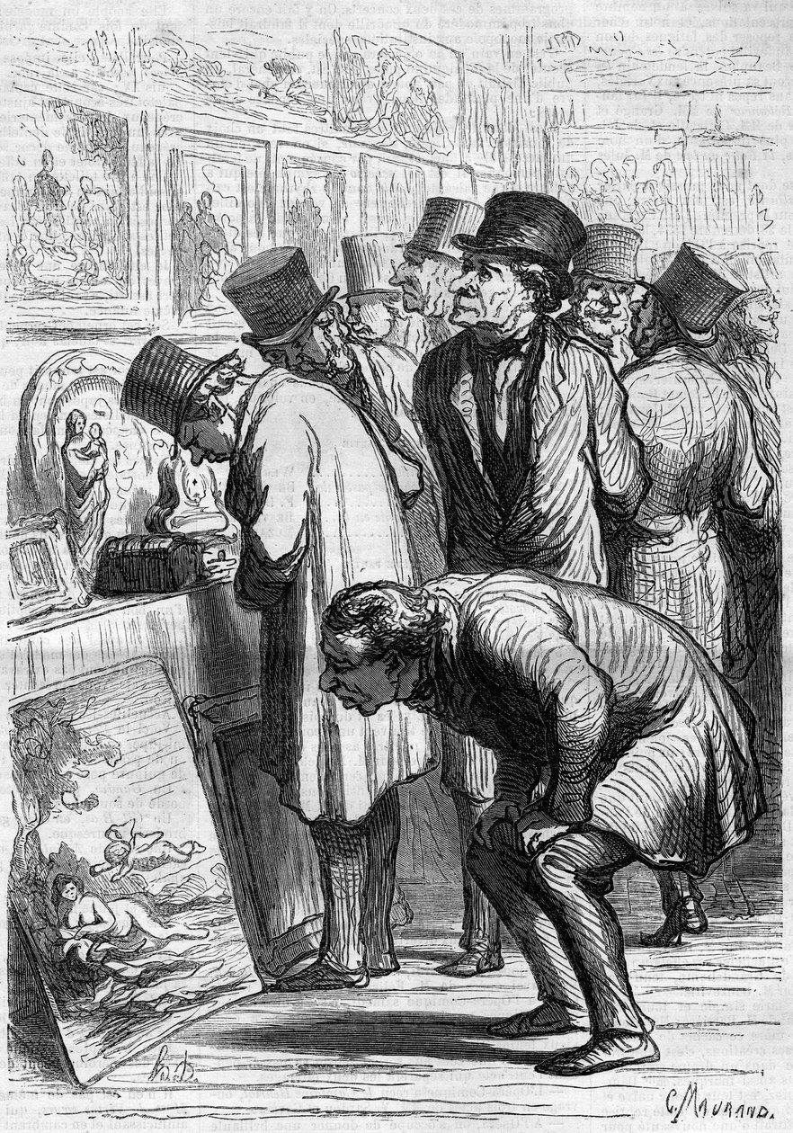 Ett rum på Hotel Drouot, en utställningsdag. Tecknad av Honore Daumier (1808-1879). Gravyr i "" Le Monde Illustré"" nr 265 av 10 maj 1862. av Honoré Daumier