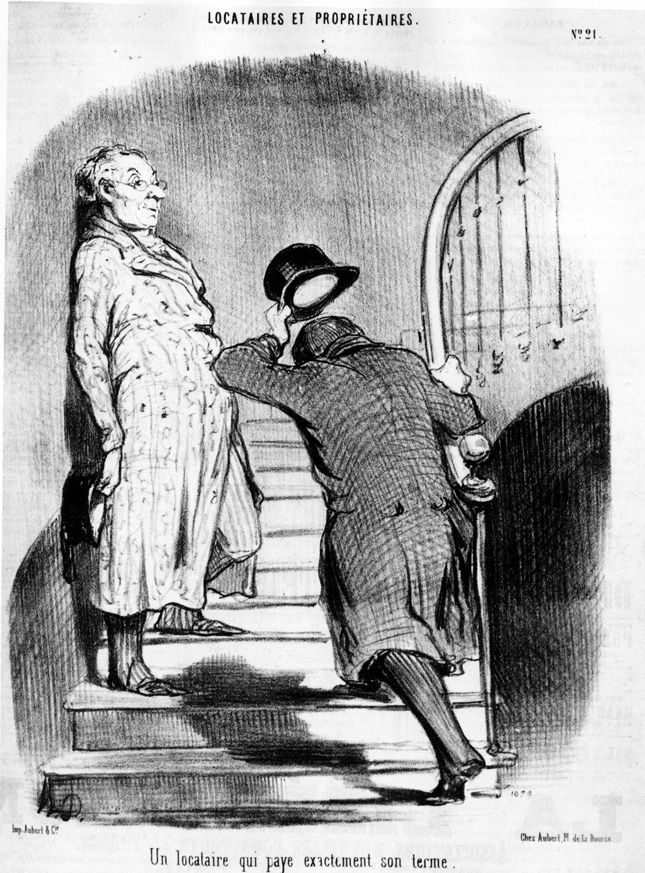 En hyresgäst som betalar exakt sin mandatperiod, hämtad från "" Tenants et Owners"", tecknad serie av Honore Daumier (1808-1879). “Charivari” av Honoré Daumier