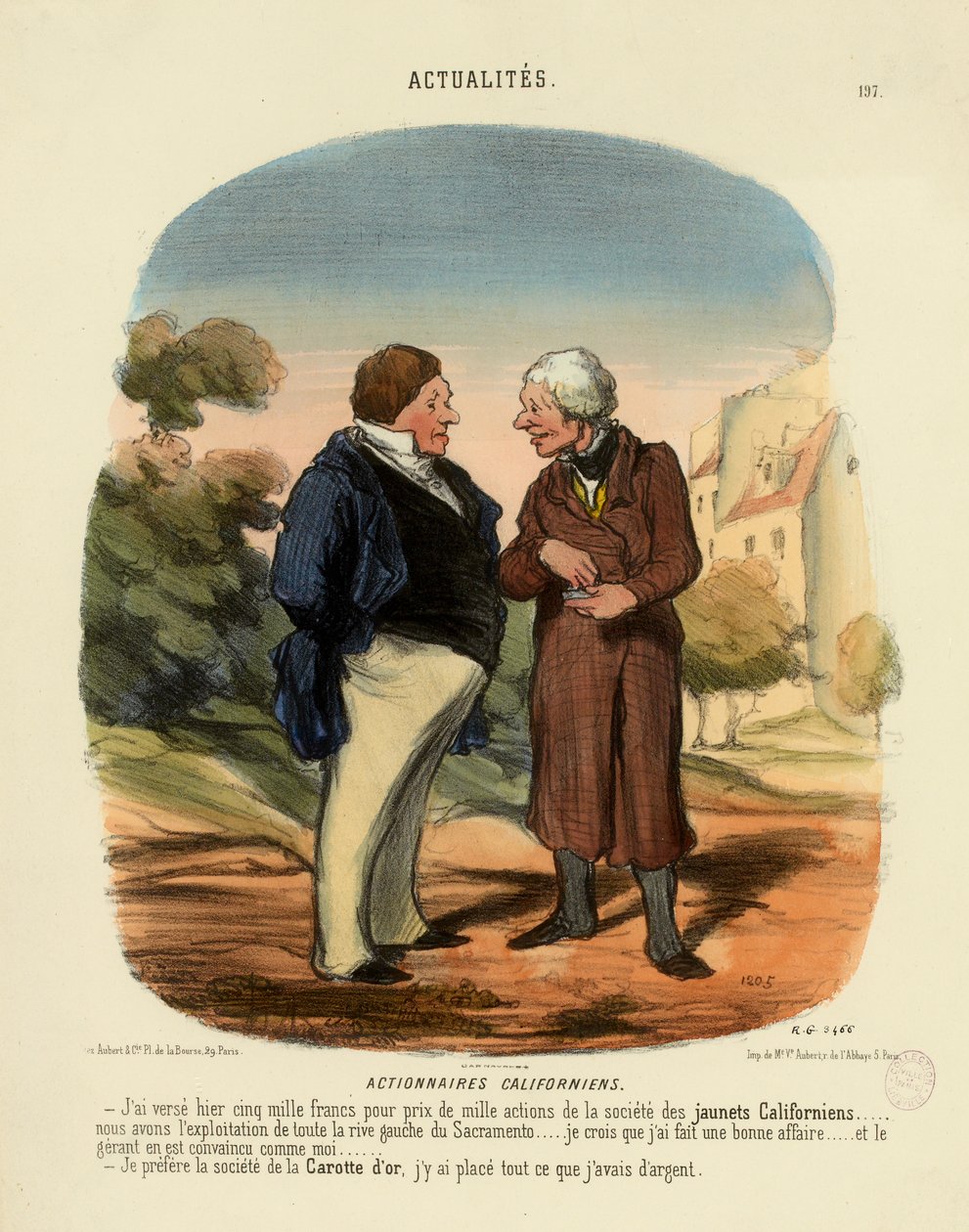 Nyheter nr 197: Kaliforniska aktieägare. – Jag betalade igår fem tusen franc som pris... av Honoré Daumier