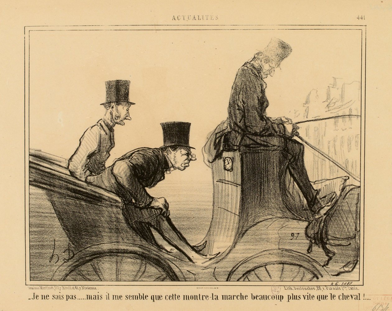Aktualiteter nr 441: - Jag vet inte... men det förefaller mig som om den här klockan går mycket fortare än hästen av Honoré Daumier