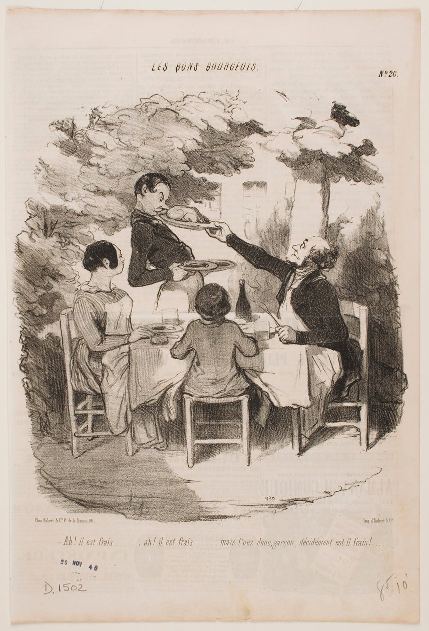 Ah, den är färsk, den är färsk! ... Lukta på den själv, servitör, säger du att den är färsk? ... av Honoré Daumier