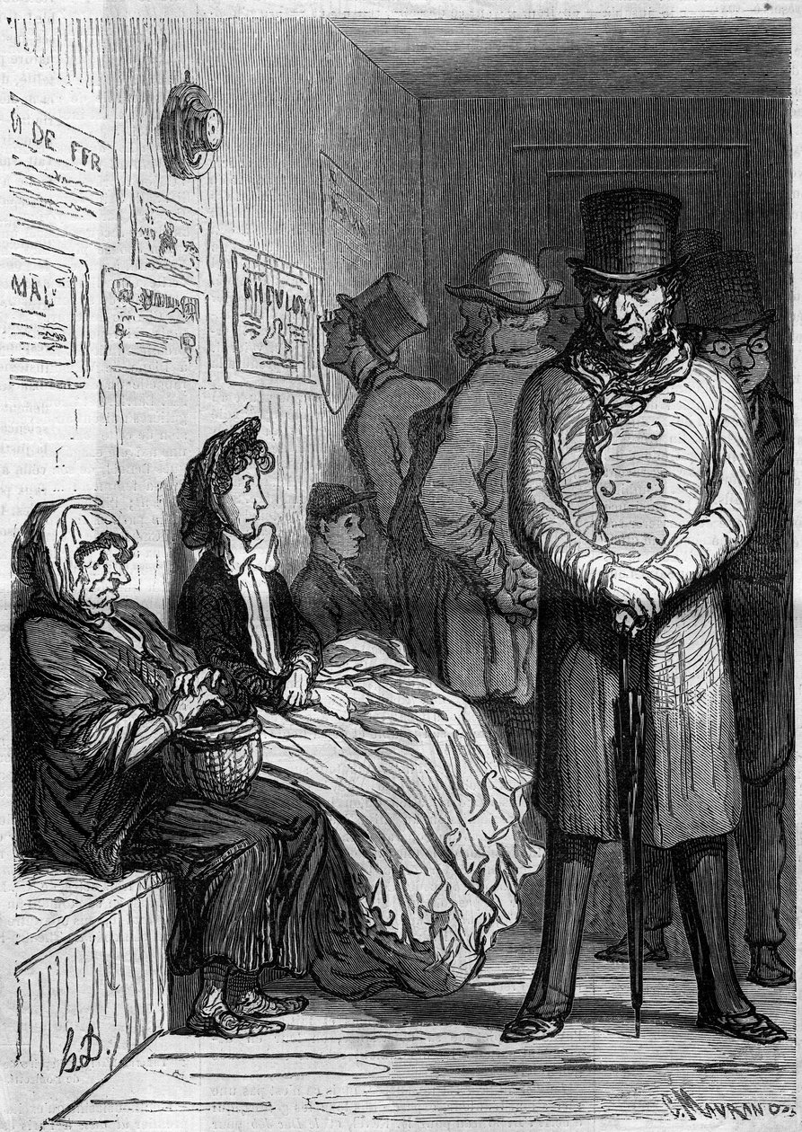 En omnibus väntande skrivbord. Tecknad av Honore Daumier (1808-1879). Gravyr i "" Le Monde Illustré"" nr 257 av 15 mars 1862. av Honoré Daumier