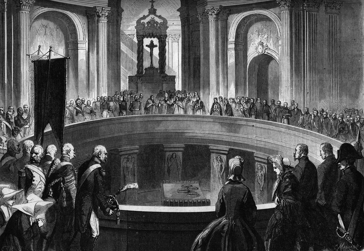 Årsdagen för Napoleons död 1:a maj 1863: högtidsmässa firas på Invalides i Paris i närvaro av före detta soldater från Napoleonska armén. Gravyr i ""Le Monde Illustre"" nr 318 den 16 maj 1863. av Honoré Daumier