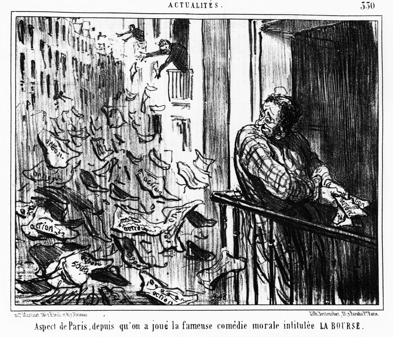 Uppträdande av Paris, sedan den berömda moraliska komedin med titeln LA Bourse: serien hämtad från "" Actualites", en serie karikatyrer på Honore Daumiers börs (1808-1879). “Charivari” av Honoré Daumier