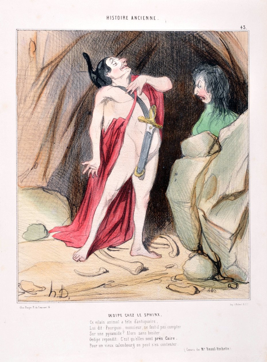 Konstverk av Honore Daumier (1808-1879). Forntida historia Oidipus i sfinxen. BIBLIOTEKET I ALCAZAR, MARSEILLE av Honoré Daumier