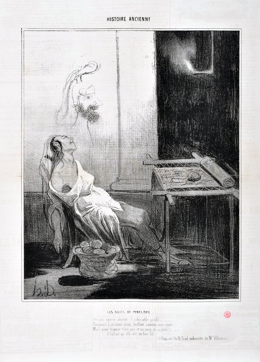 Konstverk av Honore Daumier (1808-1879) Charivari härstammar från 1842: Serie HISTORIE ANCIE Les Nuits de Penelope “” Från hennes frånvarande förtjusande profil lyste Forever med sina söta ögon som en stjärna Syfte att väva tre år och hennes list och hans  av Honoré Daumier