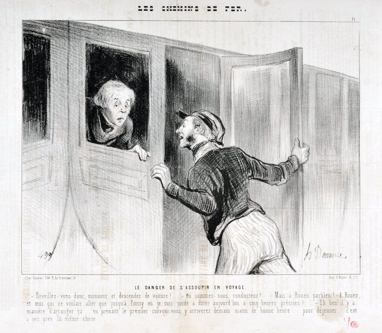 Konstverk av Honore Daumier (1808-1879). Charivari är från 1843: Serie LES RAILWAYS Faran att somna på en resa "" -Vakna upp Sir och gå av bilen! - Vart kör vi? - Men Rouen parbleu! – I Rouen och jag som bara ville åka till Poiss av Honoré Daumier