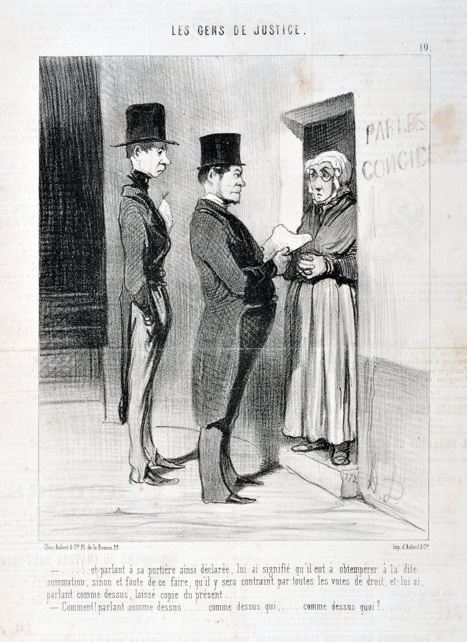 Konstverk av Honore Daumier (1808-1879). Charivari härstammar från 1845: Serie LES PEANS DE JUSTICE “” -... och talade vid hans dörröppning så förklarat, har betytt för honom att han var tvungen att lyda nämnda summering, annars och underlåta att göra så a av Honoré Daumier