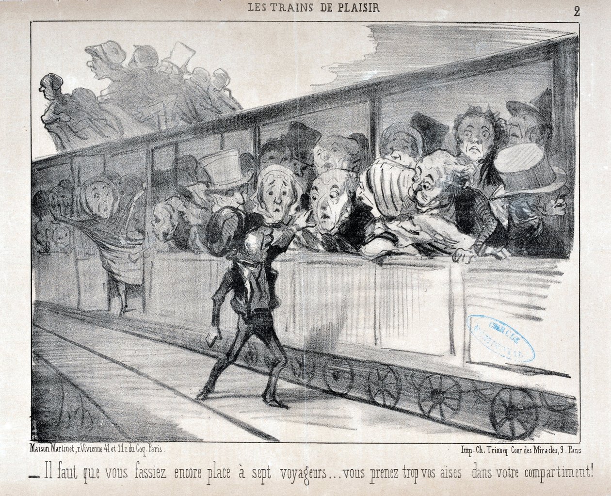 Konstverk av Honore Daumier (1808-1879). Charivari är från 1852: Serie LES TRAINS DE PLEASURE - Du måste göra plats för sju passagerare... du är för bekväm i din kupé! MUSEET FÖR FINA KONST - PALACE LONGCHAMP, MARSEILLE av Honoré Daumier