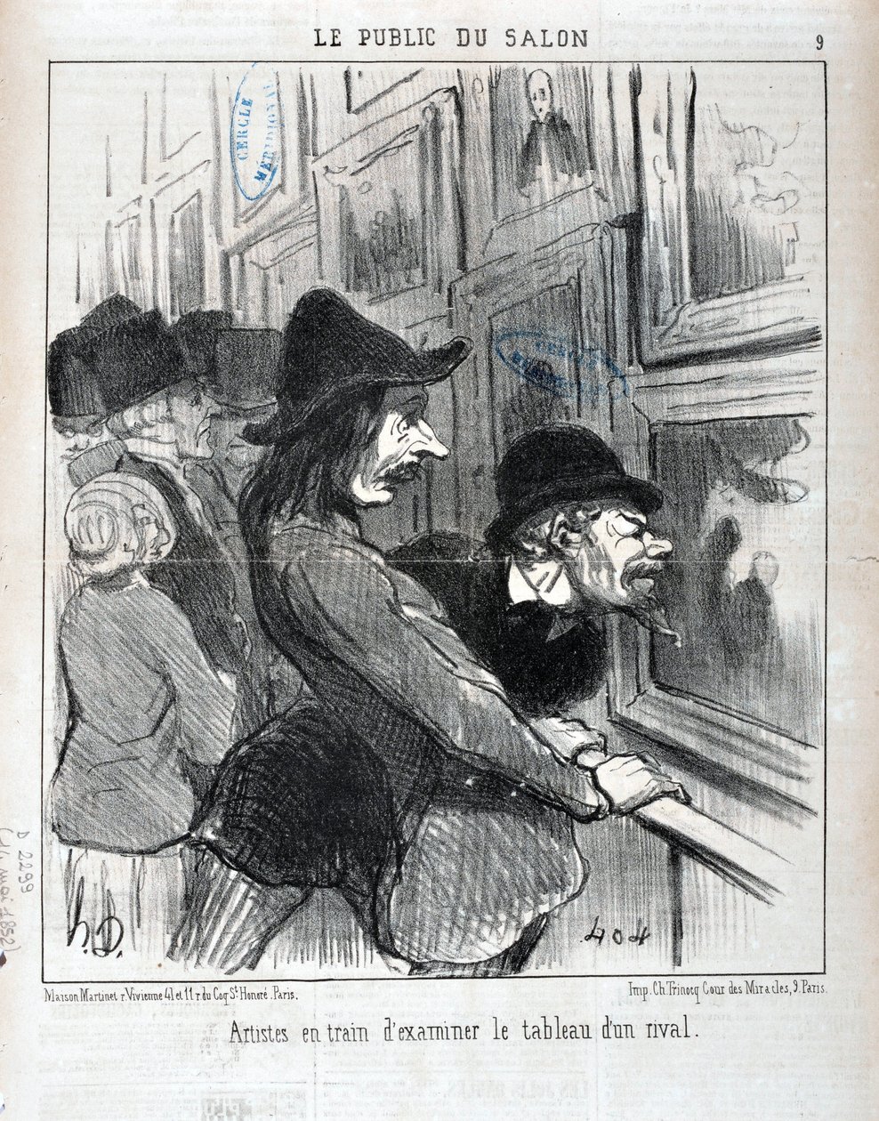 Konstverk av Honore Daumier (1808-1879). Charivari är från 1852: Serie LE PUBLIC DU SALON - "" Konstnärer undersöker målningen av en rival"" MUSEE DES BEAUX ARTS - PALAIS LONGCHAMP, MARSEILLE av Honoré Daumier