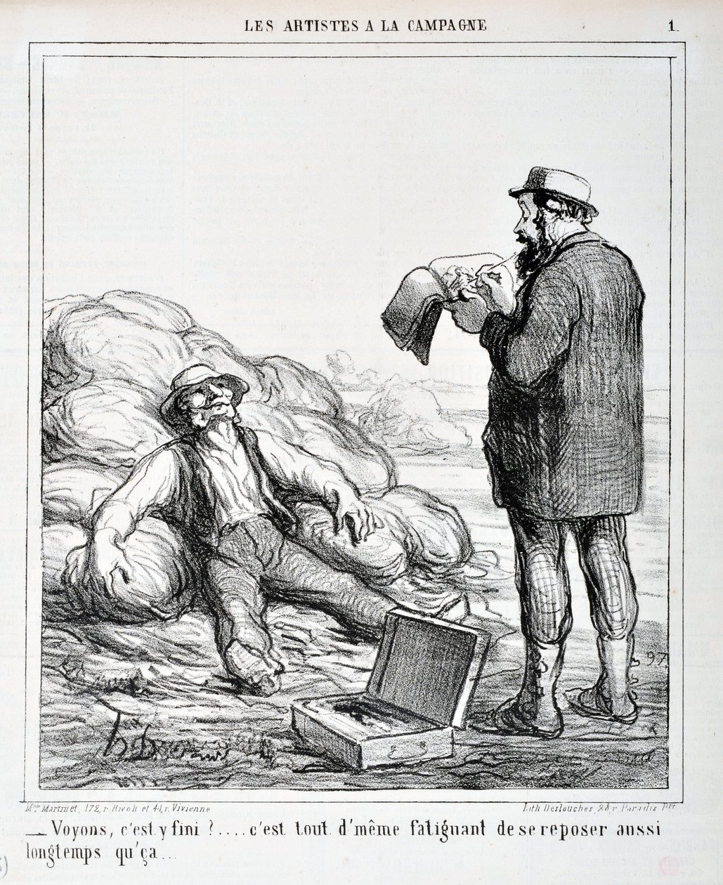 Konstverk av Honore Daumier (1808-1879). Charivari är från 1865: Serie LES ARTISTS IN THE CAMPAGNE “” - Låt oss se, är det över?... Det är fortfarande tröttsamt att vila så länge det...” MUSEET FÖR FINA KONST - PALACE LONGCHAMP, MARSEILLE av Honoré Daumier