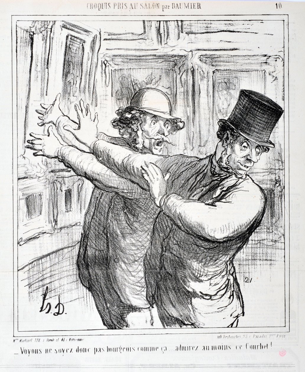Konstverk av Honore Daumier (1808-1879). Charivari är från 1865: Serie Sketches Tagen at the Salon “” -Låt oss inte vara borgerliga så här... beundra åtminstone denna Courbet! "" MUSEET FÖR FINA KONST - PALACE LONGCHAMP, MARSEILLE av Honoré Daumier