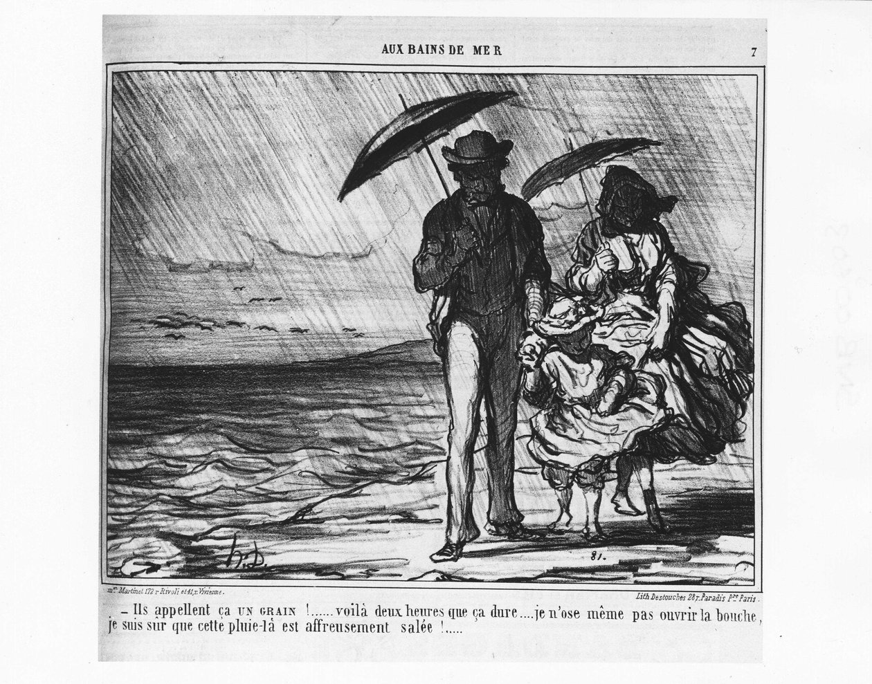 Vid havsbaden: Parisare vid havet i hällande regn - av Daumier, i "" Charivari"" av 1859-09-19. av Honoré Daumier