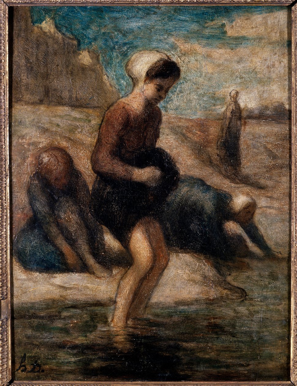 Vid vattenbrynet Ung kvinna som rädsla tränger ner i vattnet. Målning av Honore Daumier (1808-1879) 1800-talets sön. 0,33x0,24 m Troyes, museum för modern konst av Honoré Daumier