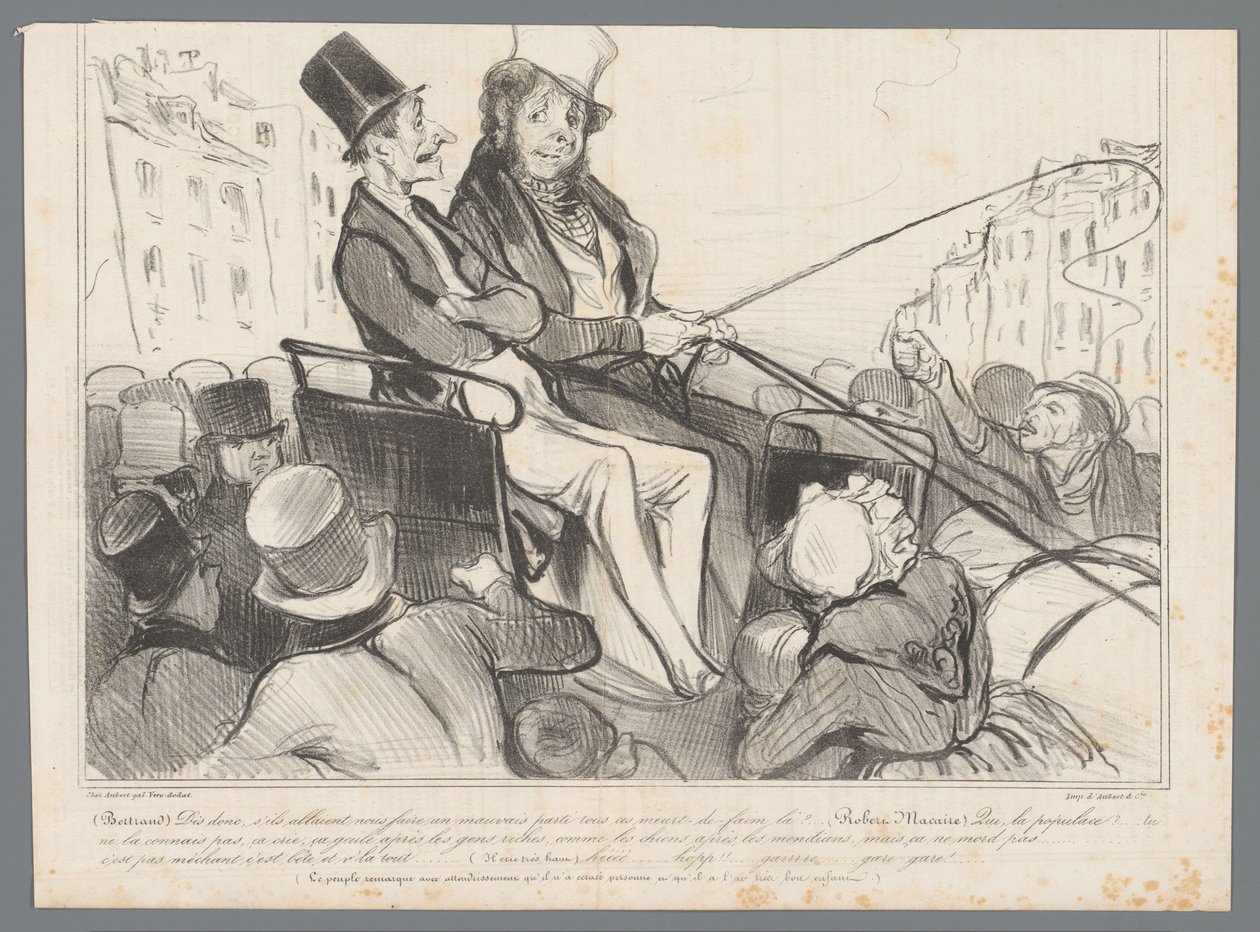 Bertrand och Robert-Macaire i en vagn omgivna av människor av Honoré Daumier